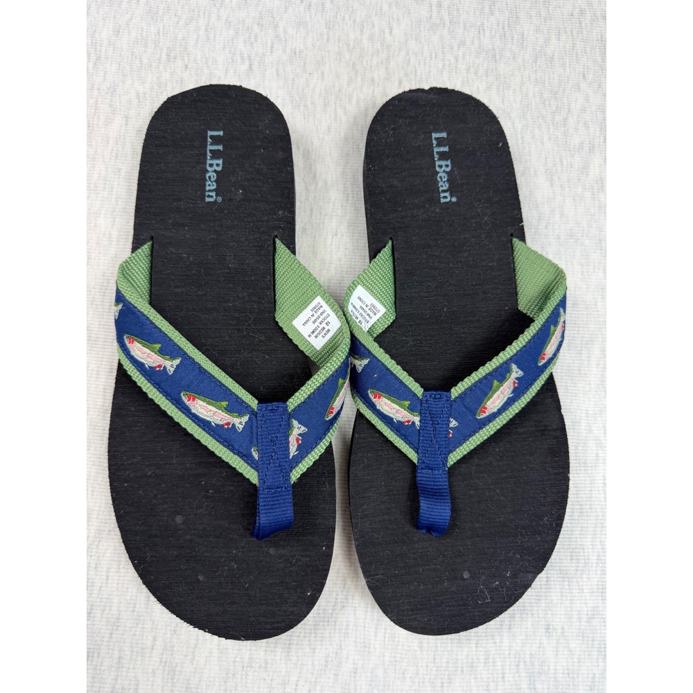LL Bean Mens Flip Flop Sandals Blue Green Trout Fish Embroidered Size 10 0DQM6